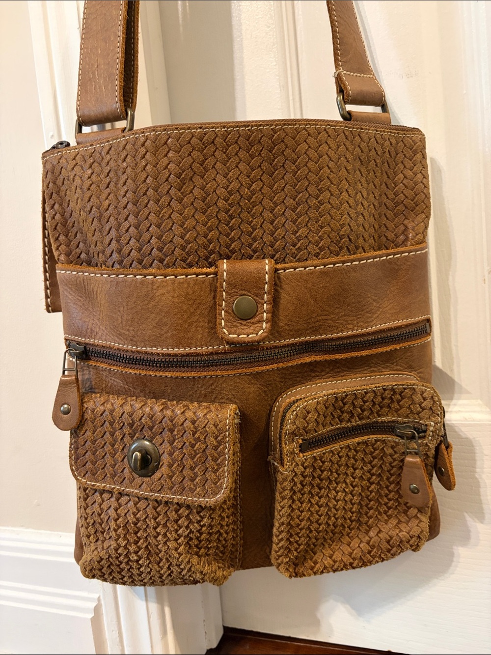 Roots Brown Woven Crossbody Bag with Multiple Front Pockets